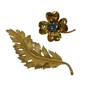 Lot 2 Coro Brooch Pins Leaf & Rhinestone 4 Leaf Clover Gold Tone